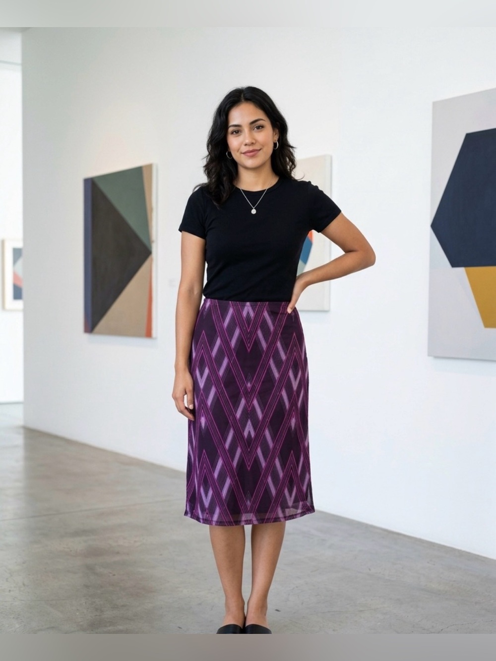 Wanted Purple Geometric Midi Skirt with Deep Violet Pattern (Y2K)